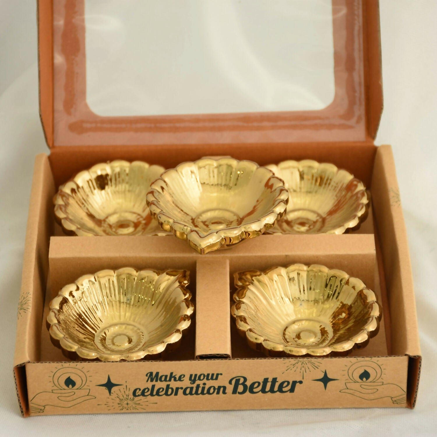 Classic Round Petal Design Decorative Ceramic Diya with Gold PVD Plating & Metallic Finish (4 Pc)