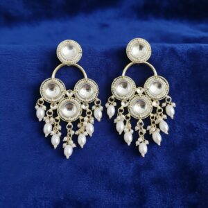 White Kundan & Pearl Drop Traditional Chandbali Earrings