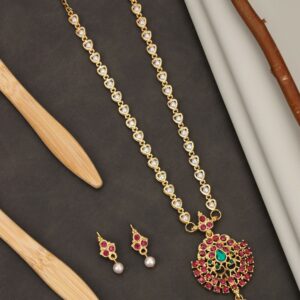Gold-Tone Green-Pink & Crystal Flower Choker with Pearl Drops