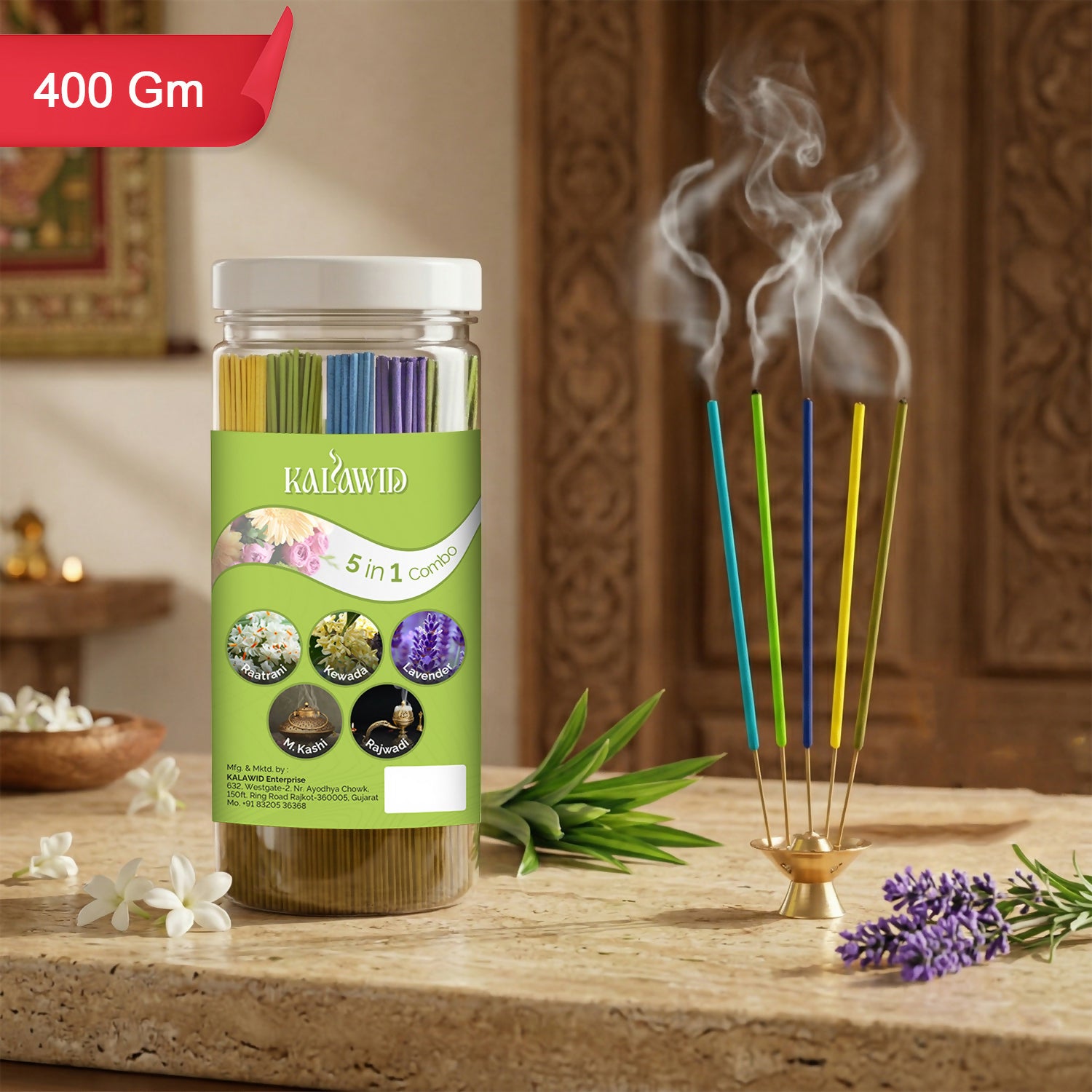 Premium Agarbatti 5 In 1 Combo with Raatrani, Kewada, Lavender, Masalakashi, Rajwadi Fragrances for Long Lasting Aroma (400 Gm)