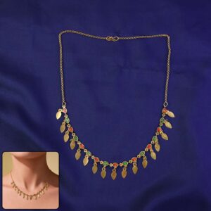 Gold Tone Leaf Charm Necklace with Multicolor Stones