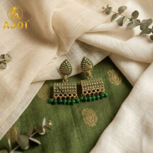 Antique Gold-Plated Leaf Design Jhumka Earrings with Green Bead Drops