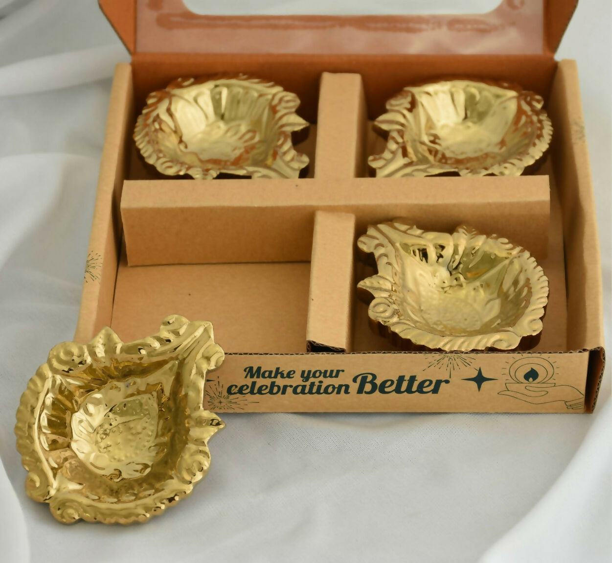 Decorative Ceramic Diya with Gold PVD Plating & Metallic Finish (4 Pc)