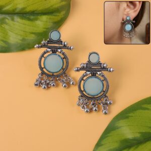 Oxidized Silver-Plated Blue Stone Drop Earrings for Women | Ethnic Tribal Jewelry
