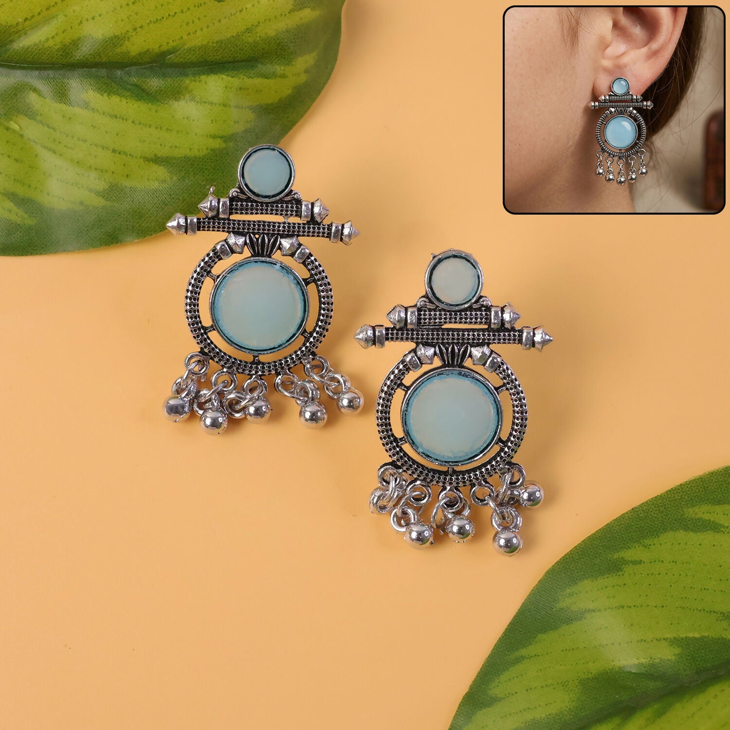 Oxidized Silver-Plated Blue Stone Drop Earrings for Women | Ethnic Tribal Jewelry